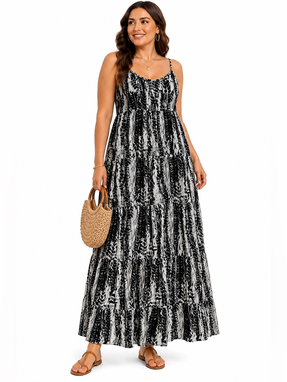 Black & White Tiered Maxi Dress with Abstract Print